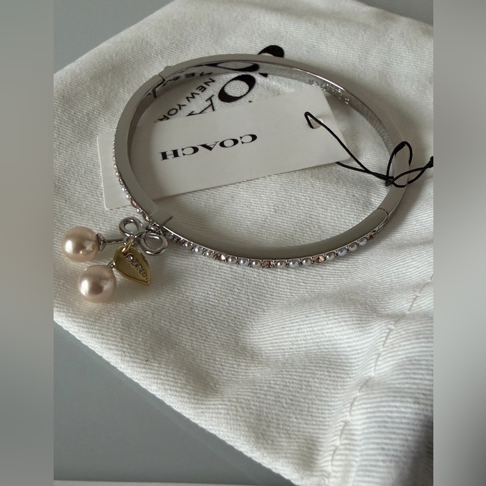 Coach Silver pave bracelet Bangle with Pearl cherry Charm - Picture 3 of 4